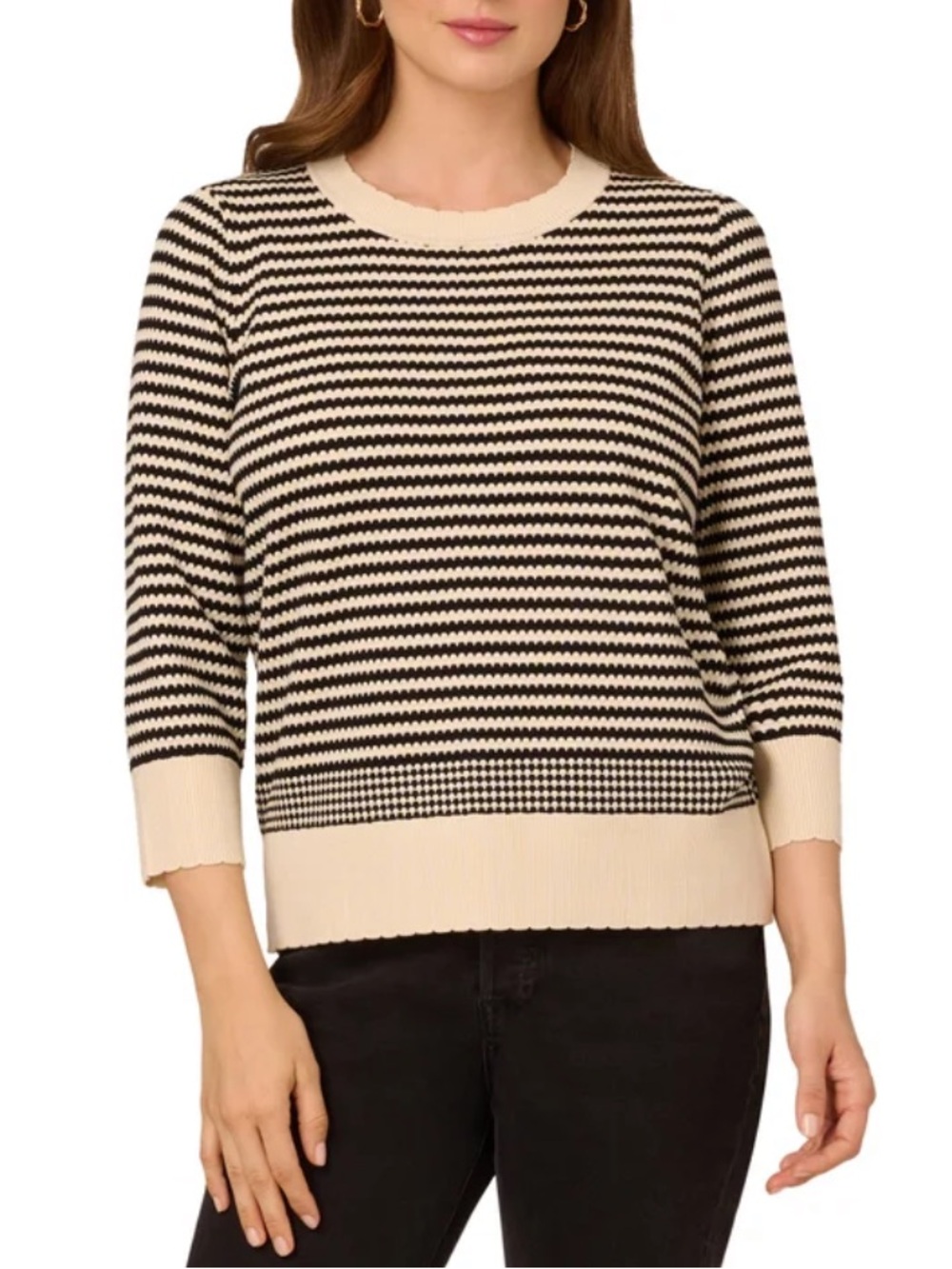 NEW Adrianna Papell Striped Crewneck Sweater in Black and Cream - Women